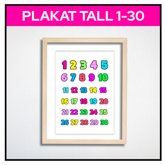 Tallplakat 1–30 i regnbuefarger innrammet
