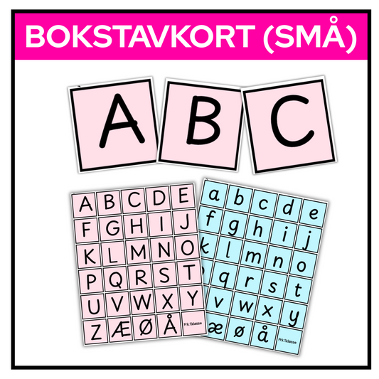 Bokstavkort med store og små bokstaver til utskrift og klipping