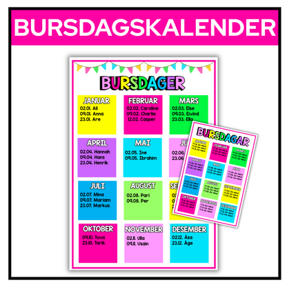 Bursdagskalender | Redigerbar| REGNBUE MED ROSA | BOKMÅL OG NYNORSK