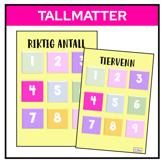 Bilde av to tallematter for barn – en tallematte med skjemaet 'Riktig antall' hvor barn legger riktig antall klosser på tallene 1 til 9, og en tallematte med skjemaet 'Tiervenn' som hjelper barn å finne tallkombinasjoner som til sammen blir ti. Pedagogisk læringsverktøy for matematikk, telling og mengdeforståelse i barnehage og skole.