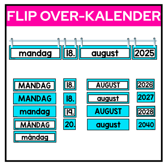 Flip over-kalender. Dagene, dato, måned og år.