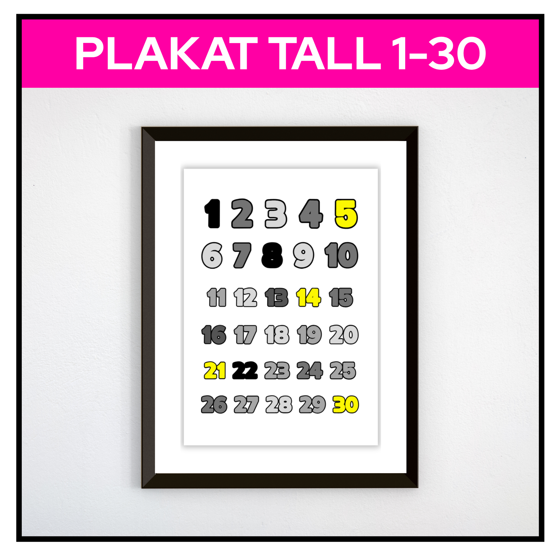 Plakat tall 1-30 hengende på vegg innrammet.