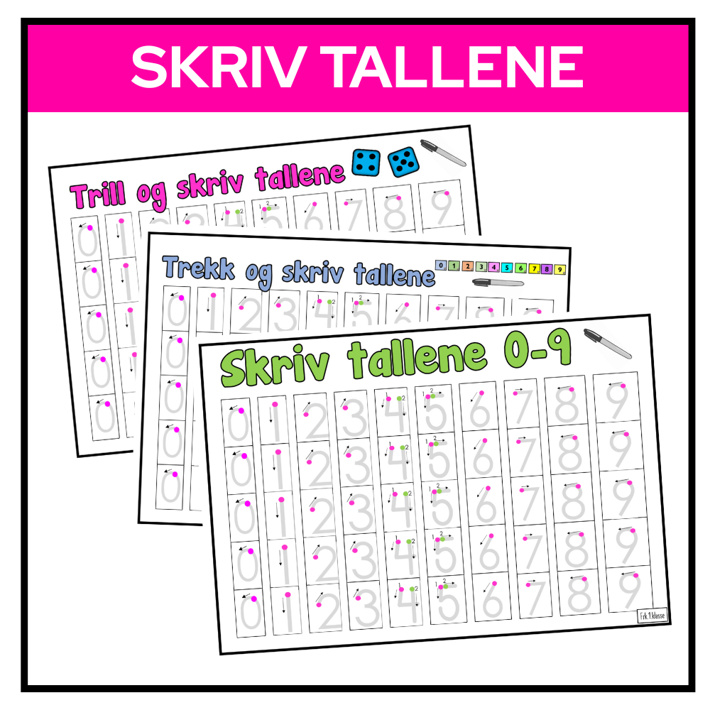Skrivemaler for tall 0–9 med piler, og oppgaver der elevene trekker eller triller tall og skriver dem.