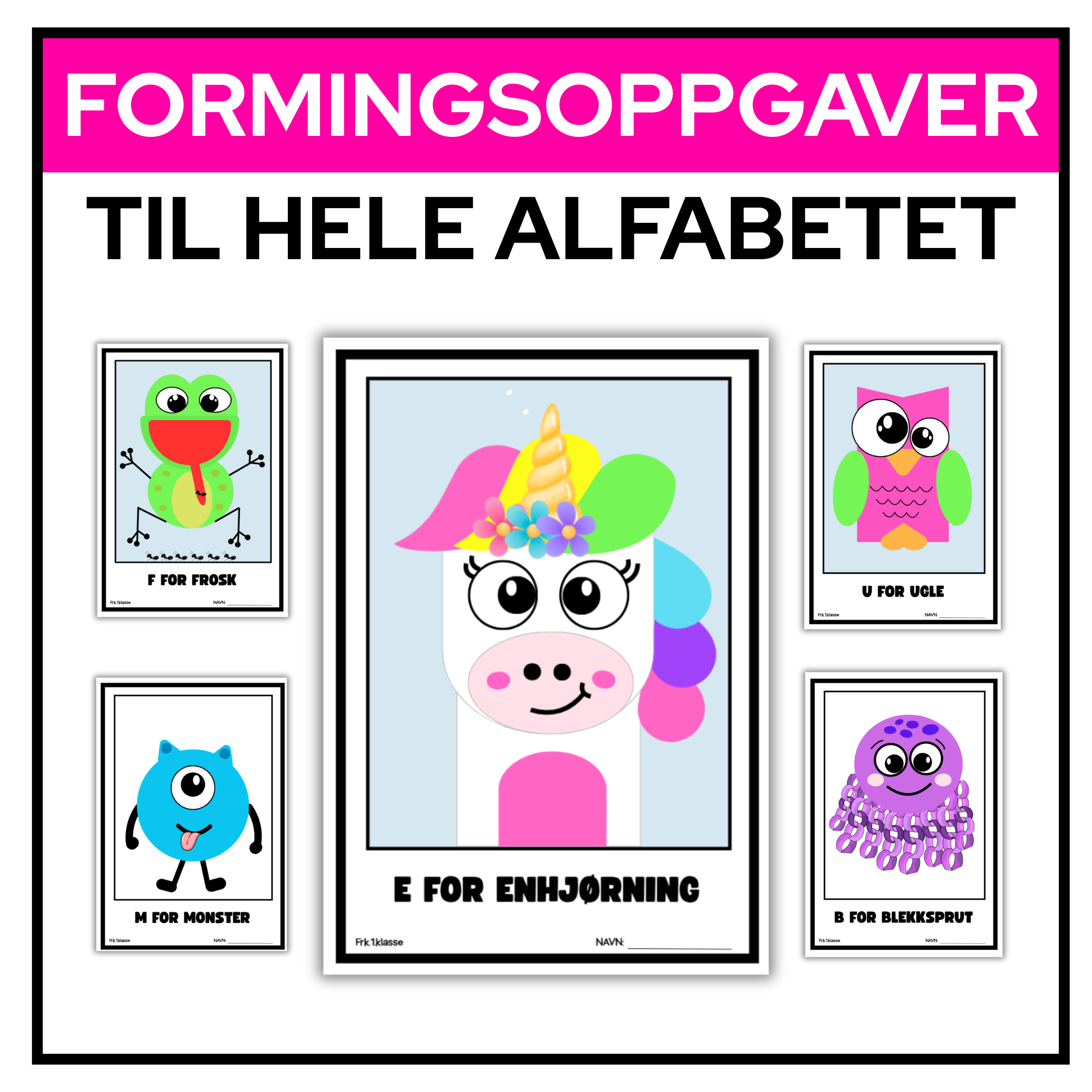 Formingsoppgaver for hver bokstav i alfabetet – klipp, lim, tegn og fargelegg. E for enhjørning midt i bildet.