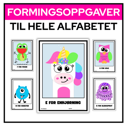 Formingsoppgaver for hver bokstav i alfabetet – klipp, lim, tegn og fargelegg. E for enhjørning midt i bildet.