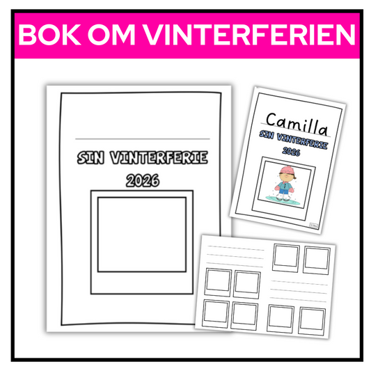 Mini-bok om vinterferien med plass til elevens navn på forsiden og sider med bokser for tegning, ord og setninger.