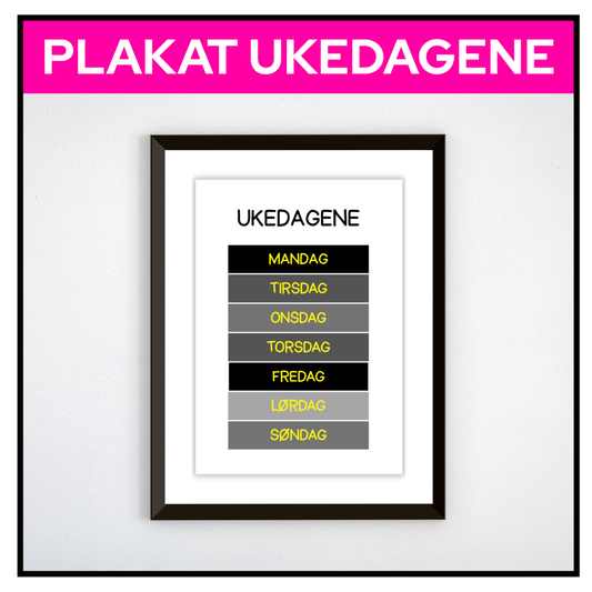 Ukedagene i svart, gult og grått, innrammet