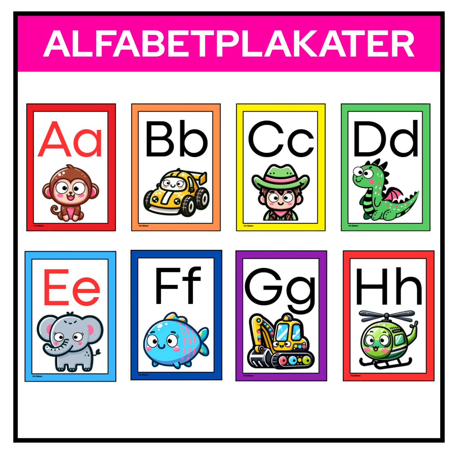 Seks plakater fra A til H i klassiske regnbuefarger