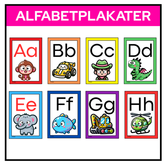 Seks plakater fra A til H i klassiske regnbuefarger