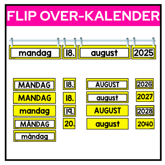 Flip over-kalender i gult. Dag, dato, måned og år.