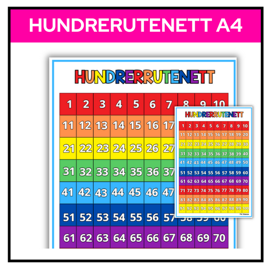Hundrerutenett | Visuell støtte | A4 | Klassisk regnbue