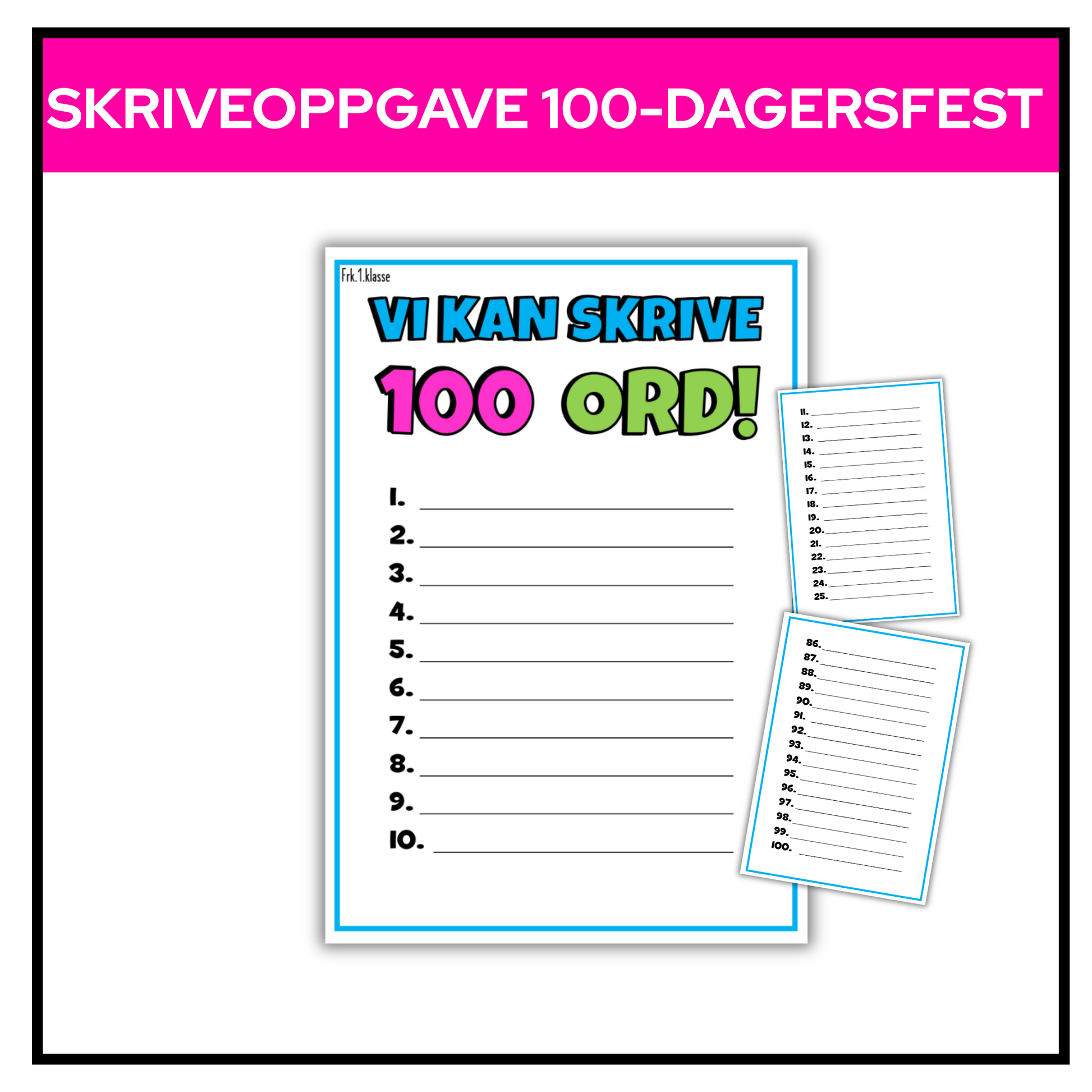 Skriveoppgave med tall 1–100 for 100-dagersfesten.