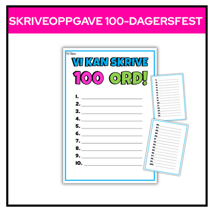 Skriveoppgave med tall 1–100 for 100-dagersfesten.