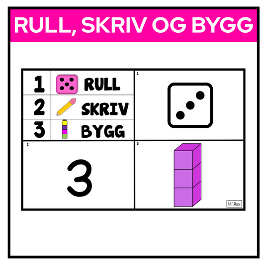 Bilde av tre kolonner: terning med tre prikker, skrevet tall 3, og tre byggeklosser stablet oppå hverandre.