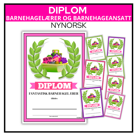 Diplom med teksten «Fantastisk barnehagelærar» og plass til namn og helsing
