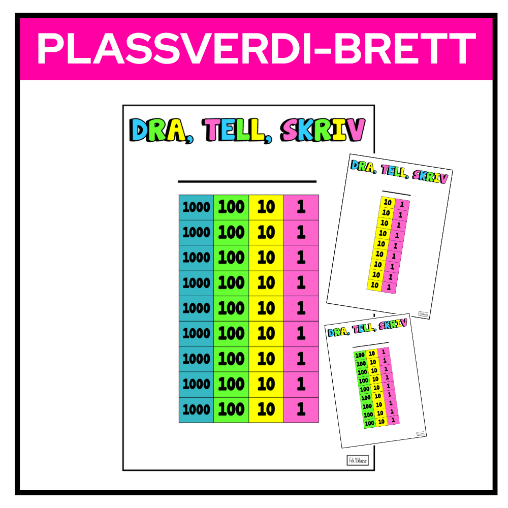 Spillbrett med plassverditabell og tallstrimler for 1-, 10-, 100- og 1000-plass, hvor tall kan dras ned for å lage og lese tall visuelt.