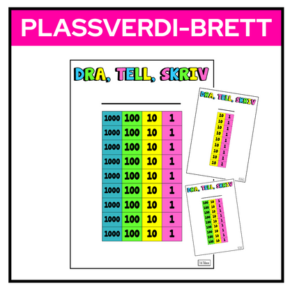 Spillbrett med plassverditabell og tallstrimler for 1-, 10-, 100- og 1000-plass, hvor tall kan dras ned for å lage og lese tall visuelt.
