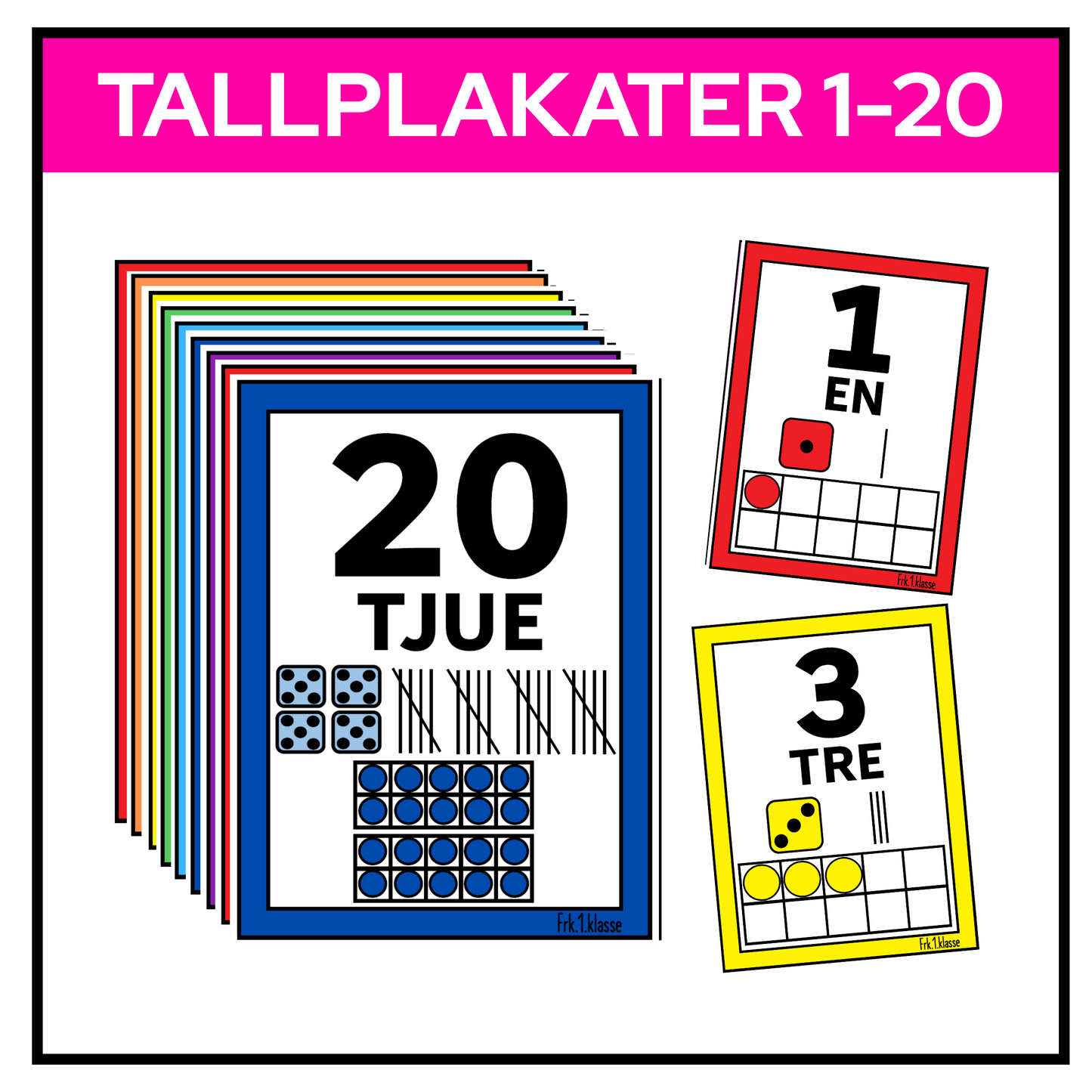 Tallplakater 1-20 med tall, bokstaver, terning, streker og rutenett. Plakatene 20, 1 og 3 i bildet.