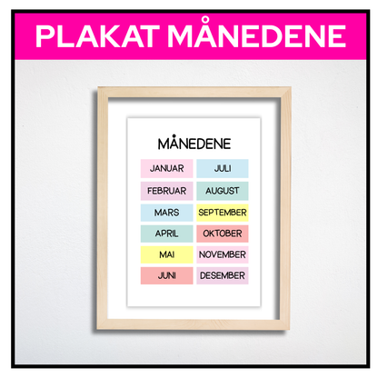 Plakat med månedene i bokser – med bilderamme
