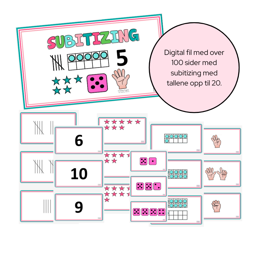 PowerPoint med over 100 slides for subitizing – visuelle kort med terninger, håndsignaler, streker og tall opp til 20 for å trene rask talloppfattelse.
