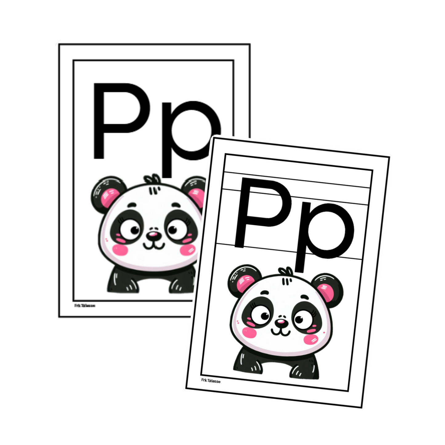 Bokstaven P for panda, med og uten bokstavhus. Hvit ramme.