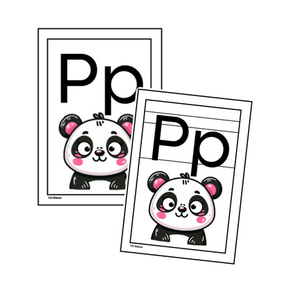 Bokstaven P for panda, med og uten bokstavhus. Hvit ramme.