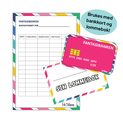 Kontoutskrift fra Fantasibanken med feltene dato, forklaring, innbetaling, utbetaling og saldo. Brukes i skoleaktiviteter om penger sammen med bankkort og egen lommebok.