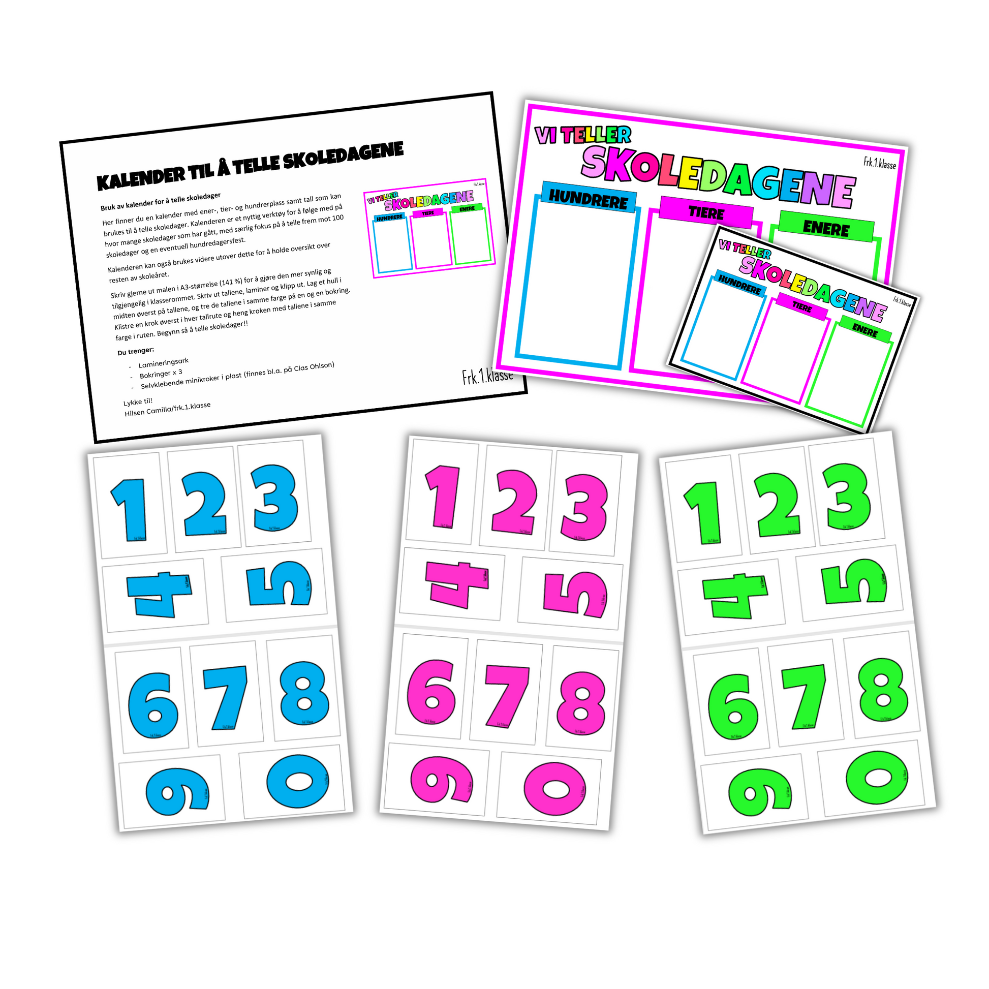 Kalender for å telle skoledager med tallplassene hundrere, tire og enere i regnbuefarger, med teksten «Vi teller skoledagene». Med instruksjon.