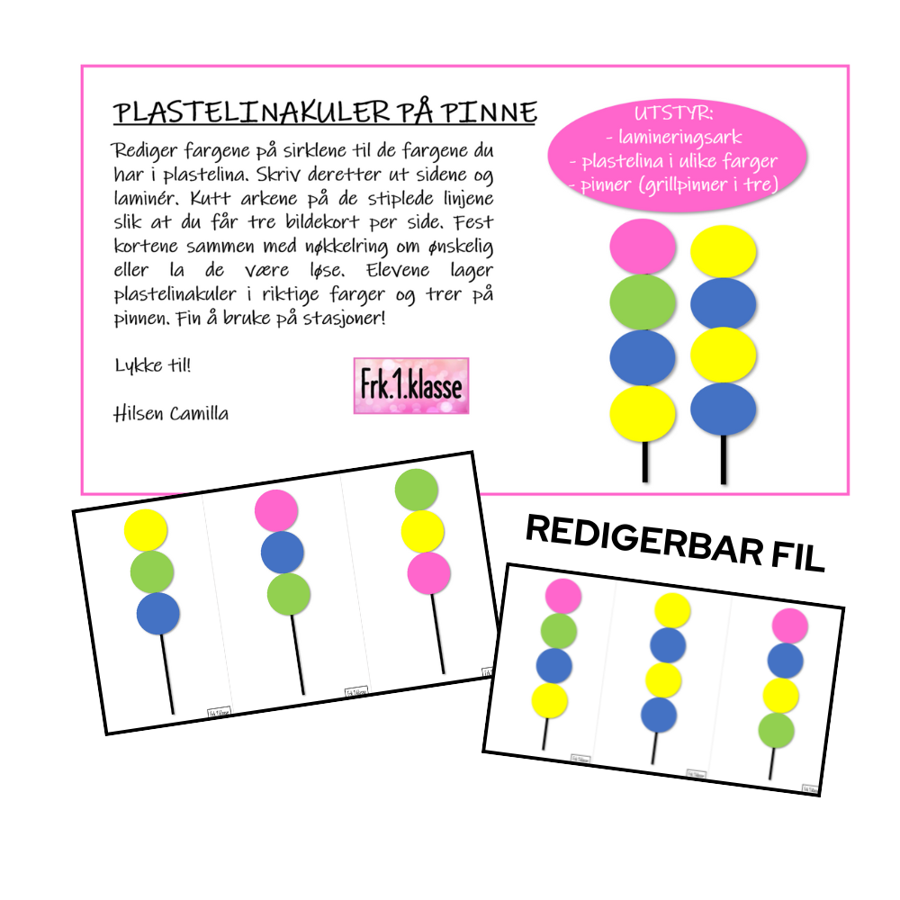 Kuler i ulike farger er tredd på en grillpinne i tre, som matcher et bildekort med tilsvarende fargede sirkler. Bruksanvisning står der også.
