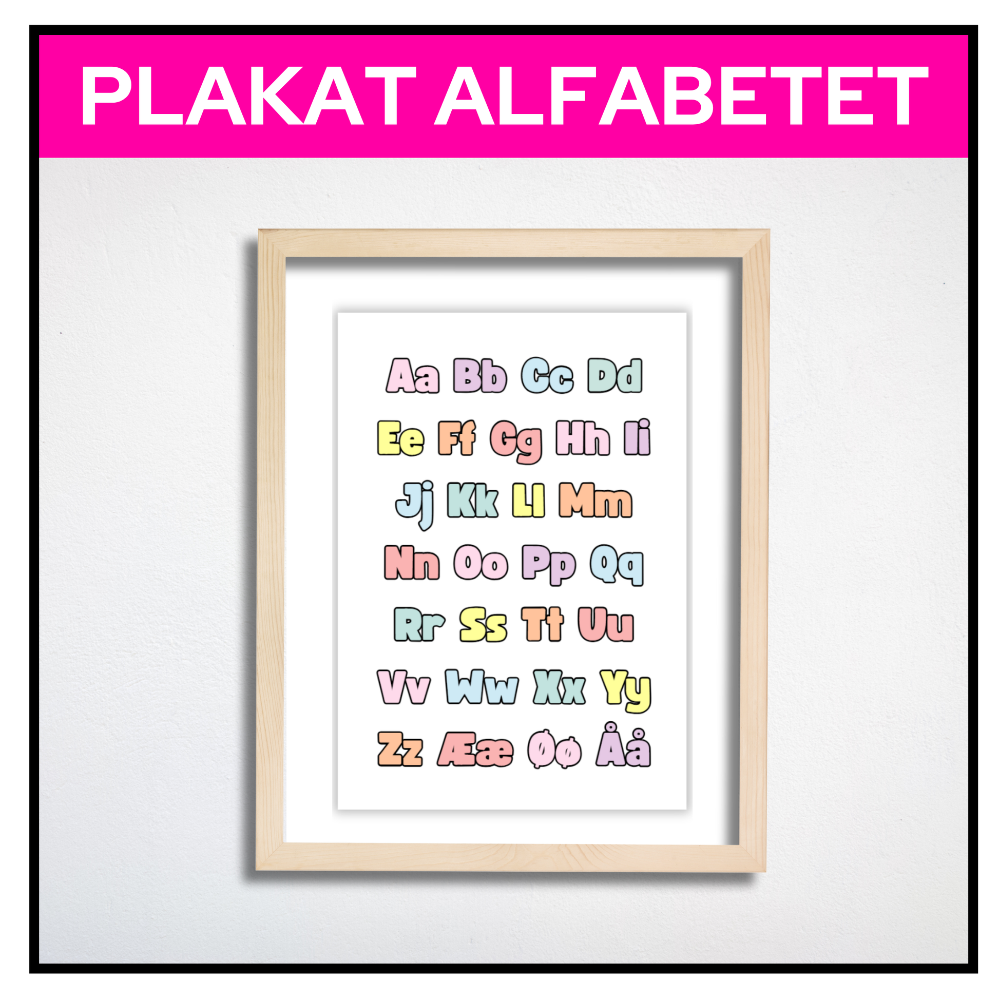 Alfabetplakat i A3 med pastellfarger uten kant, hengt opp på barnerom