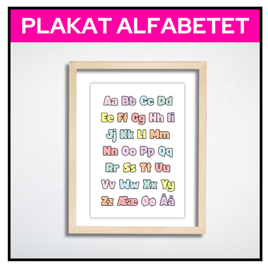 Alfabetplakat i A3 med pastellfarger uten kant, hengt opp på barnerom