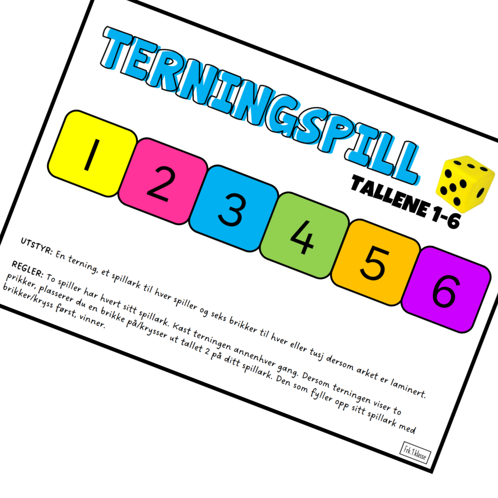 Terningspill for talltrening med tallene 1-6 med spillark og brikker