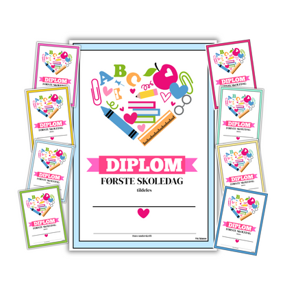 Diplom for første skoledag i 1. klasse med ulike design