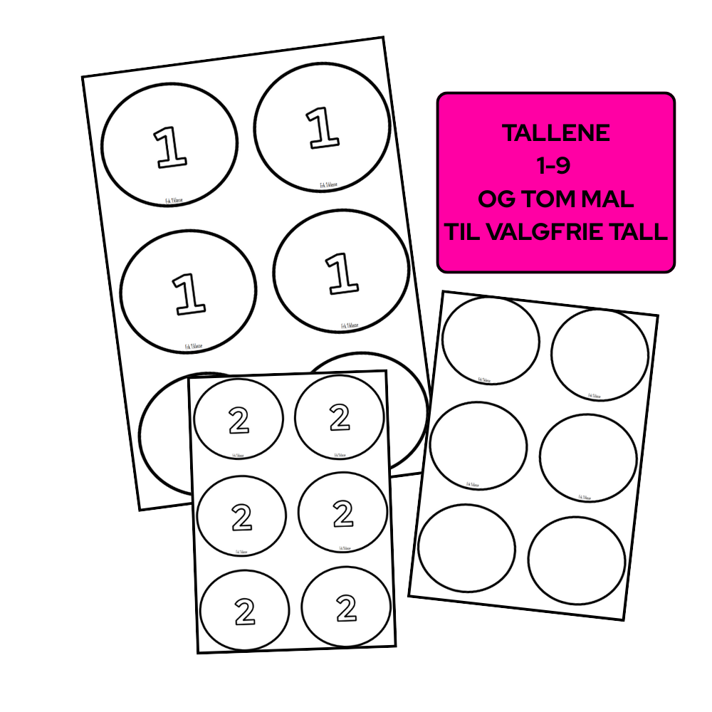 Tall til tankekart med utskjærbare tall 1–9 og tomme maler for egne tall, brukt til kreativ matematikktrening med tegning og regnestykker.