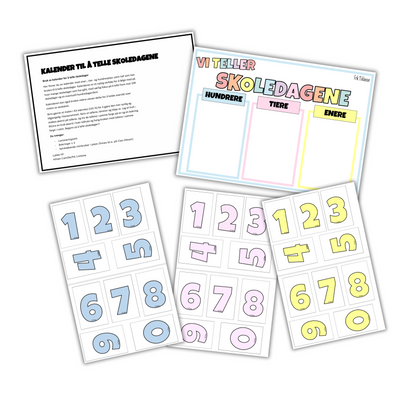 Kalender for å telle skoledager med tallplassene hundrere, tire og enere i pastellfarger, med teksten «Vi teller skoledagene». Instruksjon og tallmaler. 