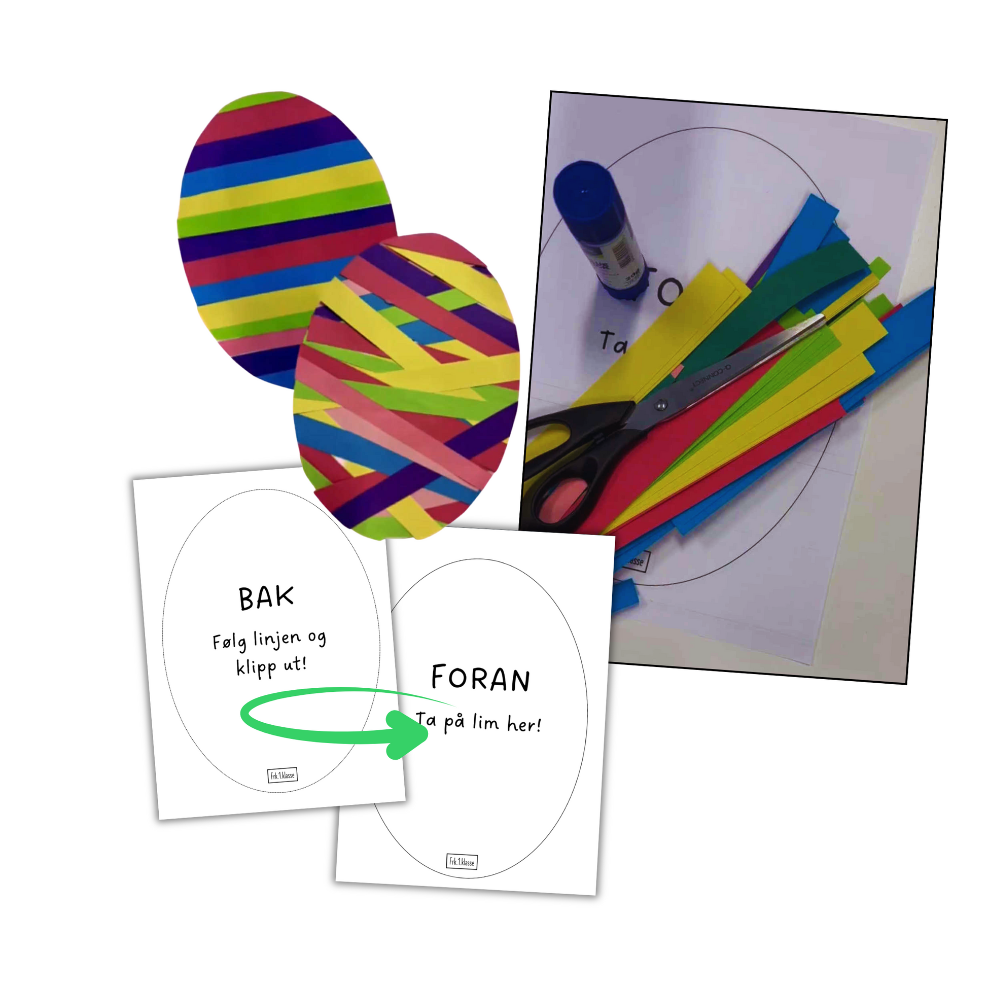 Mal for påskeegg med striper. For- og bakside der elever limer fargede papirremser for å lage mønster. Perfekt til formingsaktiviteter i påsken.