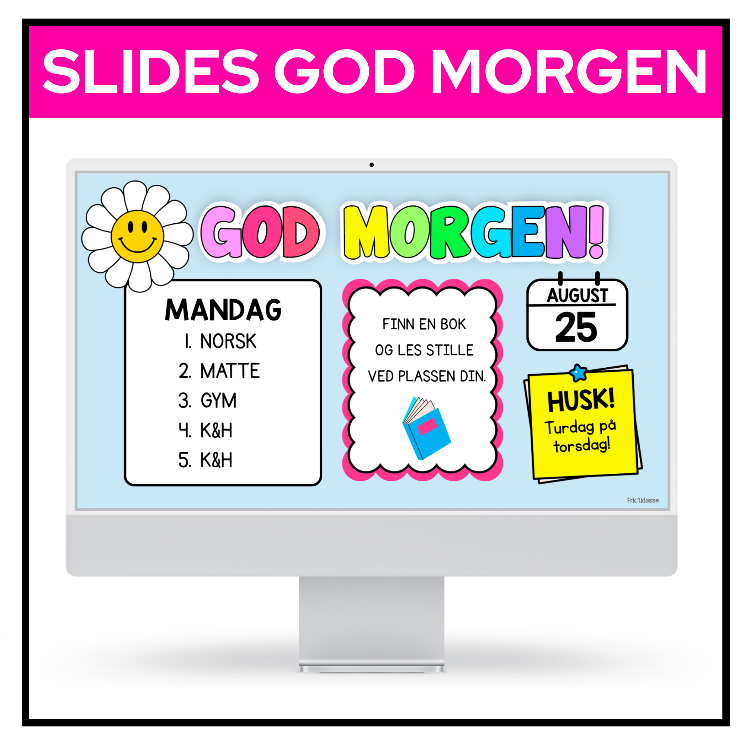 SLIDES | God morgen | Regnbue med rosa | REDIGERBAR | BOKMÅL OG NYNORSK