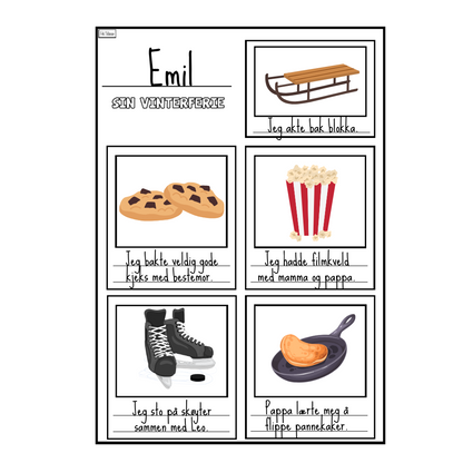 Eksempel til polaroid-inspirert mal for å skrive og tegne om vinterferien – elevene lager sin egen lille vinterferiehistorie.