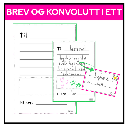 Ark som kan brettes til konvolutt, med plass til å skrive og tegne et personlig brev. Inneholder fire varianter med og uten skriverammer.

