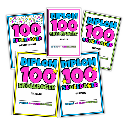 Diplom for 100 skoledager med plass til elevens navn.
