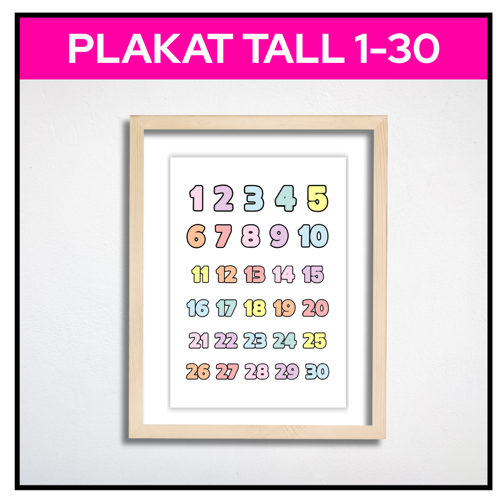 Plakat med ramme:
Tallplakat 1–30 i pastell med ramme, A3-størrelse, perfekt til barnerommet
