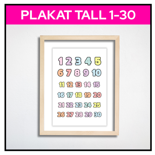 Plakat med ramme:
Tallplakat 1–30 i pastell med ramme, A3-størrelse, perfekt til barnerommet
