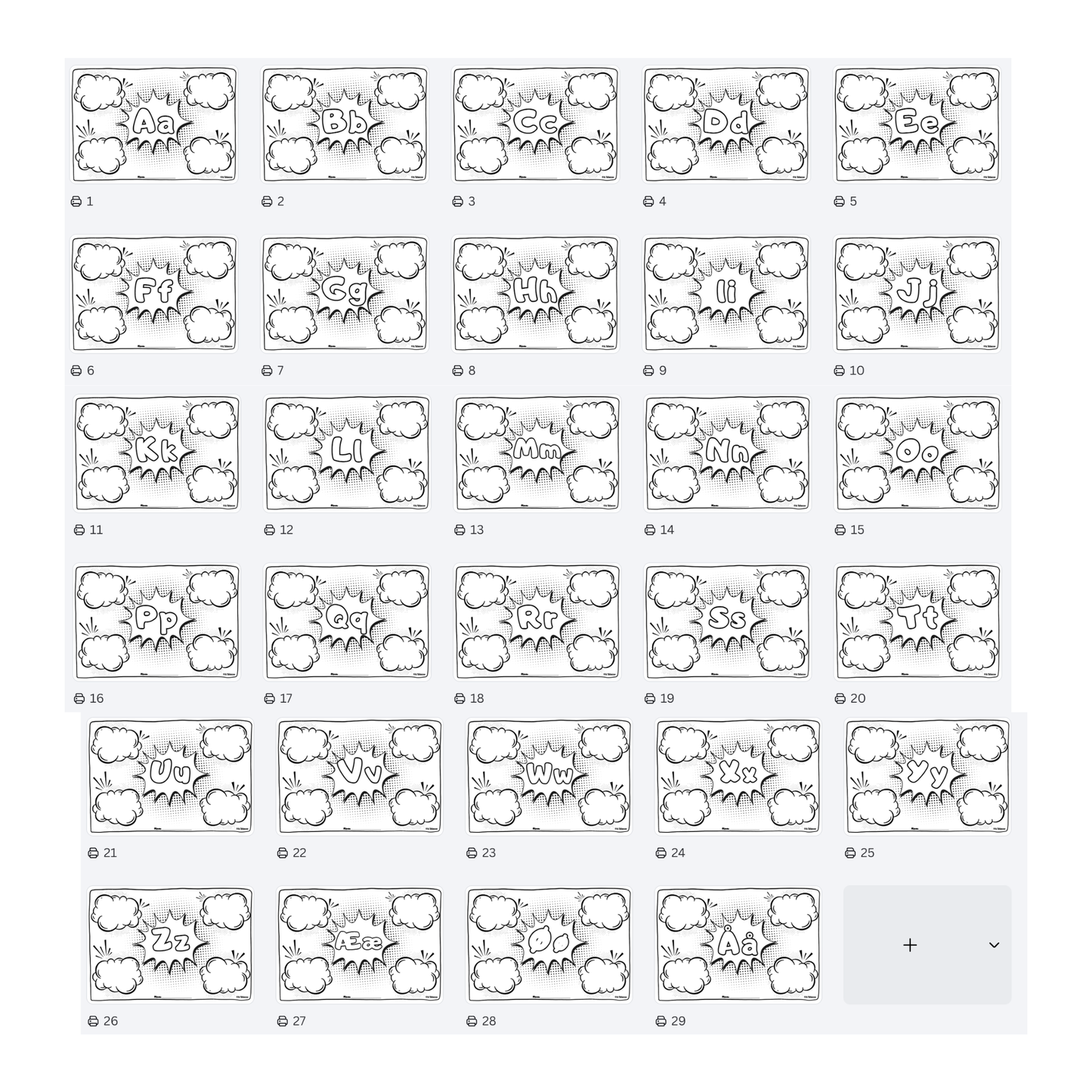Bokstavark i tegneserie-look | Tegn og skriv | 29 ark