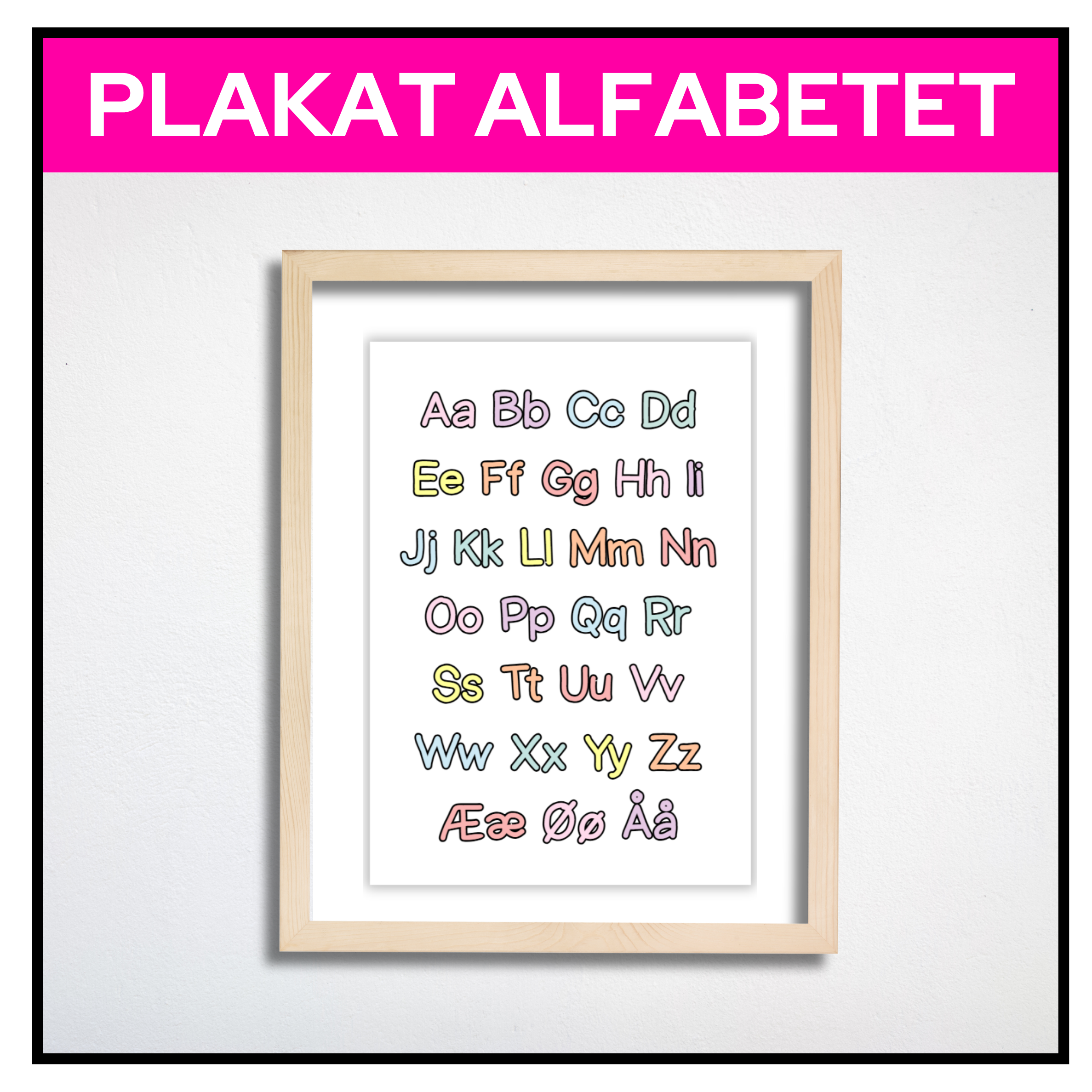 Alfabetplakat A3 tynn skrift i pastellfarger uten kant, hengt opp på barnerom