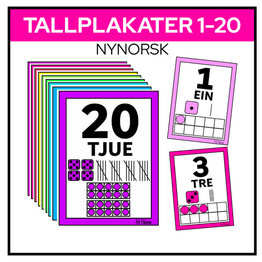 Regnbogefarga tallplakat vist som siffer og tall, ord, terningar, strekar og rutenett – nynorsk versjon.