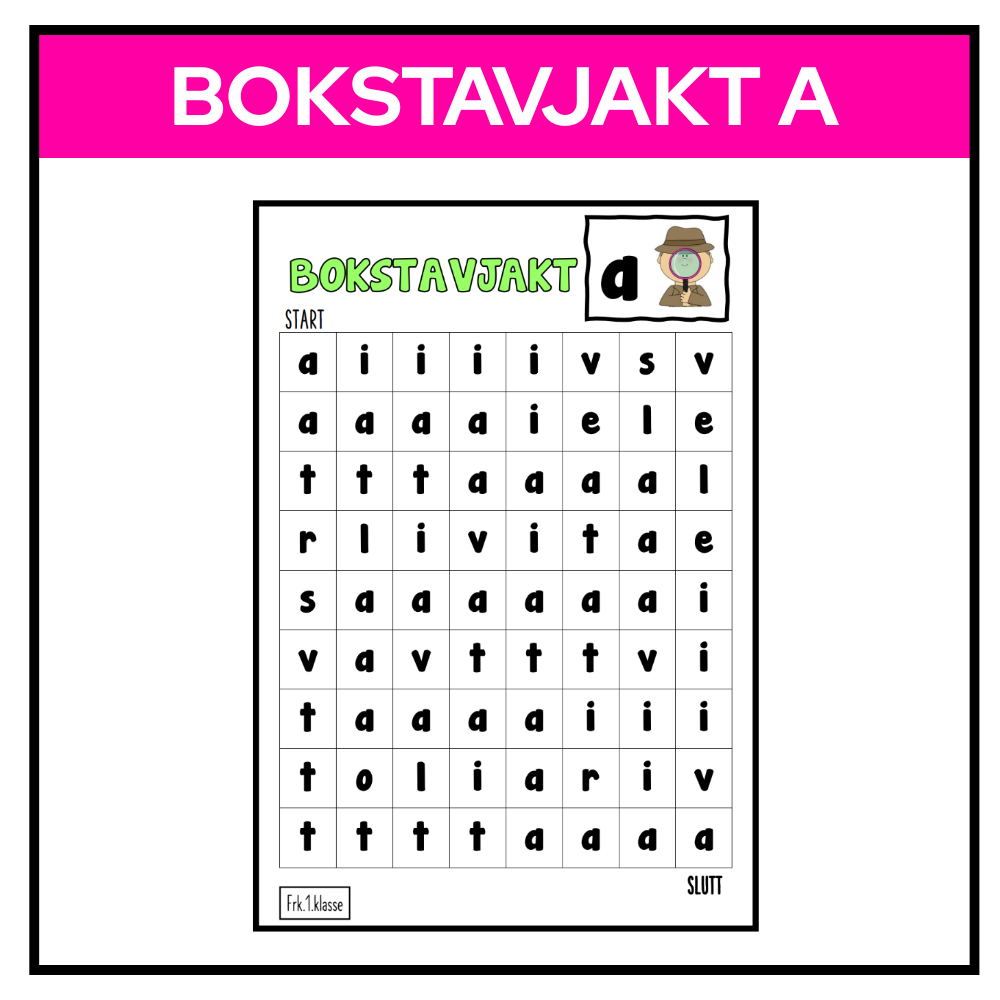 Bokstavjakt-ark med rutenett der eleven skal finne og markere bokstaven A ved å lage streker eller ringer rundt bokstavene.