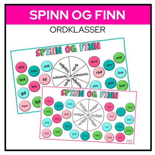 Brettspill med spinner og ord rundt, der elevene skal finne ord som passer til ordklassen spinneren lander på. Redigerbar fil.