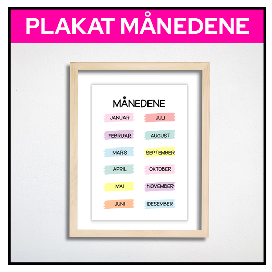 Plakat med månedene i pastellfarger – med bilderamme
