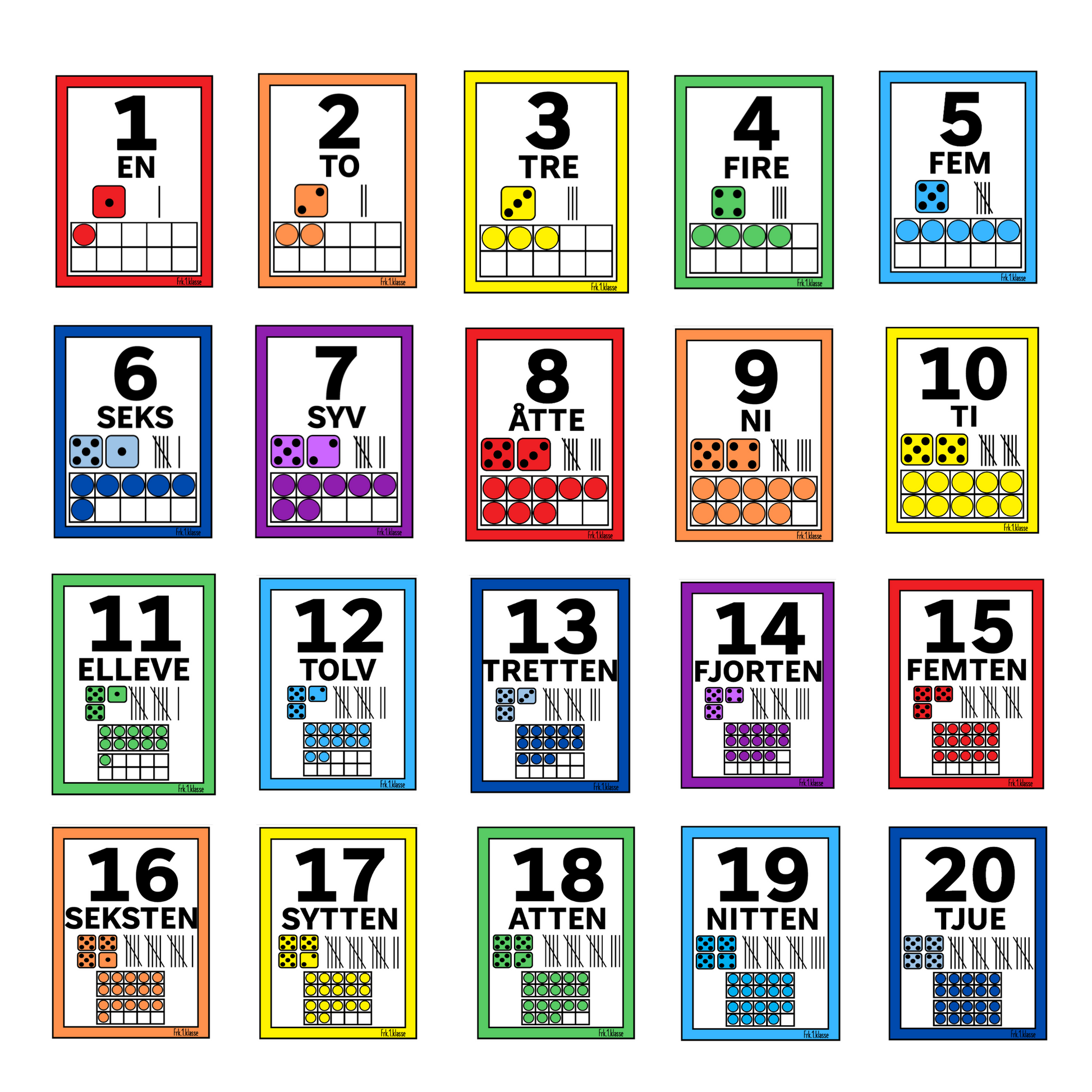 Alle tallplakater 1-20 med tall, bokstaver, terning, streker og rutenett.