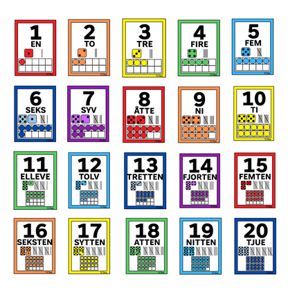 Alle tallplakater 1-20 med tall, bokstaver, terning, streker og rutenett.